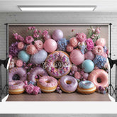 Lofaris Donut Wall Wedding Photography Backdrop Colorful Donuts with Peonies and Balloons Sweet Celebration Photo Prop